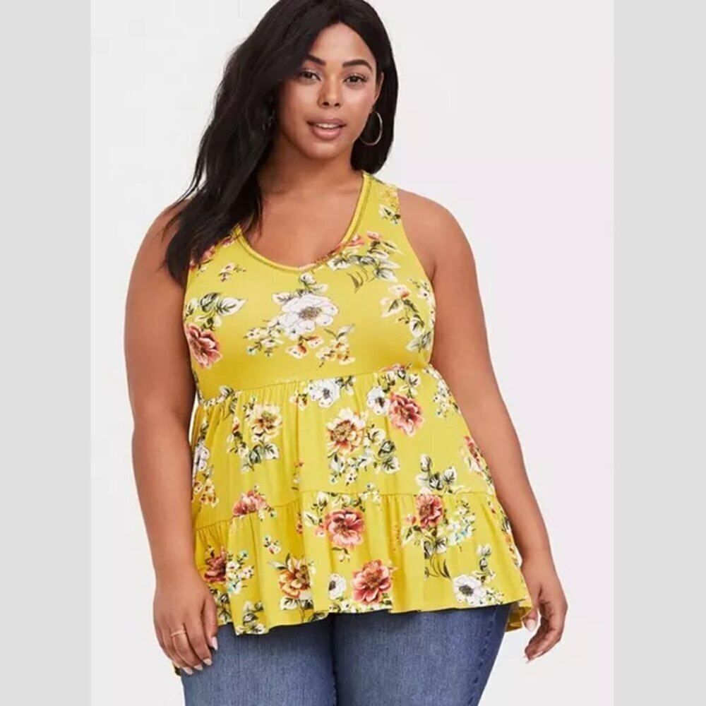 Torrid - Super Soft Tiered Babydoll Tank in Floral Yellow​​​​​